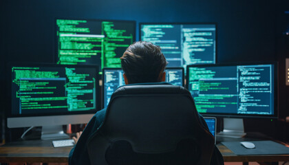 Hacker in Hood Working on Multiple Screens with Green Code Reflection