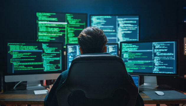 Hacker in Hood Working on Multiple Screens with Green Code Reflection