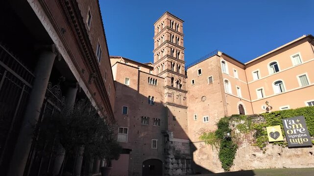 Facade of the medieval bell tower of the Basilica of Santi Giovanni e Paolo in Rome