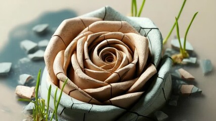 Artistic metallic rose sculpture with cracked petals surrounded by small grass tufts - Powered by Adobe