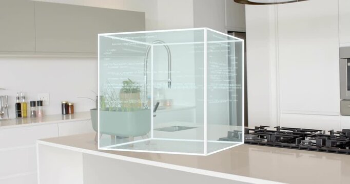 Holo activating cube around planter on island rotating, sliding, settling while showing code lines