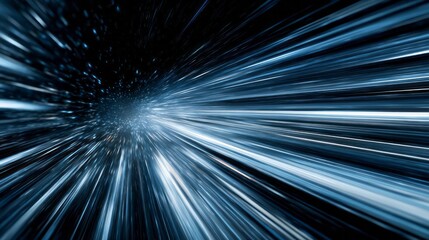 Fototapeta premium Bright blue light streaks create an abstract tunnel effect suggesting extreme velocity through space