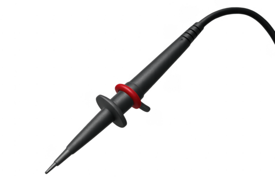 Black oscilloscope probe connecting to test equipment