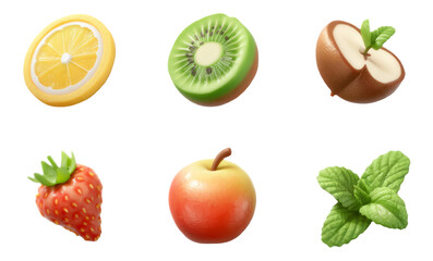 Colorful Fruit Slices and Mint Leaves Isolated on Transparent Background for Design Use