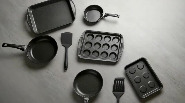 Various black non-stick cookware and bakeware arranged on flat surface