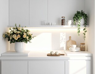 Softly lit counter setup in minimal home white