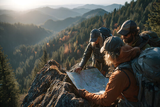 Group of Hikers checking route on map