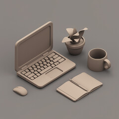 Isometric Soft Edge Clay Workspace Setup with Laptop and Coffee