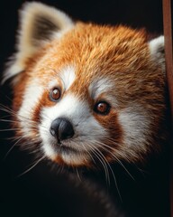 Obraz premium Red panda leaning toward the camera with big curious eyes.