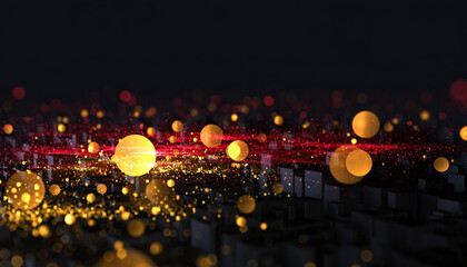 Dark Background Abstract City Lights with Golden and Red Orbs