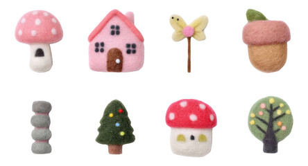 Enchanted Plush Items Featuring Mushroom, House, Tree, and Butterfly on Transparent Background
