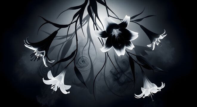 Ghostlike lilies and dark petals suspended in a void of drifting mist, perfect for dramatic visual storytelling and expressive digital design.