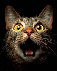 Obraz premium Close-up of shocked cat with wide round pupils and open mouth.