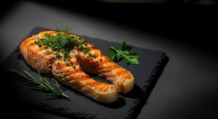 Grilled salmon steak garnished with dill and chives on black stone dish