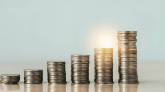 Stacks of coins in ascending order represent financial growth and investment progress