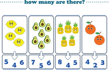 Counting game of fruits for preschool kids. Printable. Vector Illustration