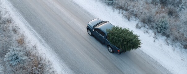 Festive holiday journey with black pickup truck and christmas tree on snowy road for seasonal design