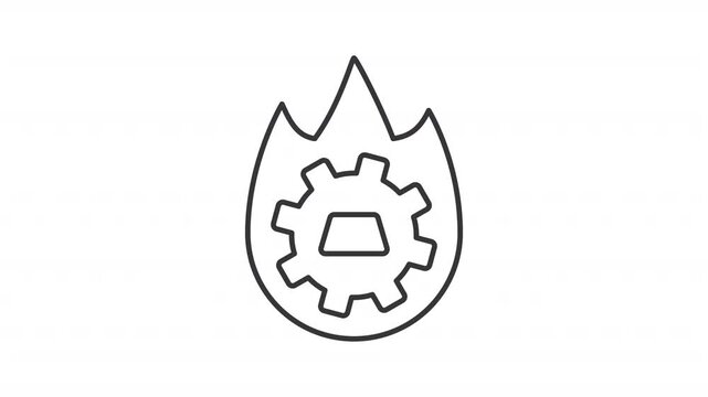 Animated pyrometallurgy line icon. Burning fire with cogwheel animation. Using high temperature to refine metal. Steelmaking. Outline element on white background. HD video with alpha channel
