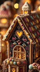 Intricate gingerbread house close up with colorful decorations and festive details