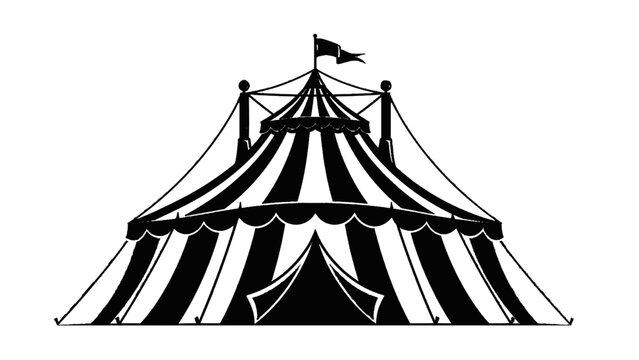 Vector illustration&nbsp;of black and white illustration of a classic circus big top tent with striped canvas and a flag on top, isolated on transparent background