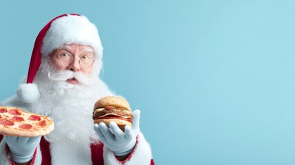 Santa Claus holds a pizza in one hand and a burger in the other. He has a white beard, red suit, and a cheerful expression. Blue background with copy space.