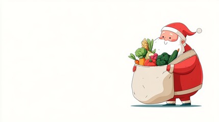 Obraz premium A cheerful Santa Claus in a red suit carries a large sack filled with colorful vegetables and fruits. The background is plain white, providing ample copy space.