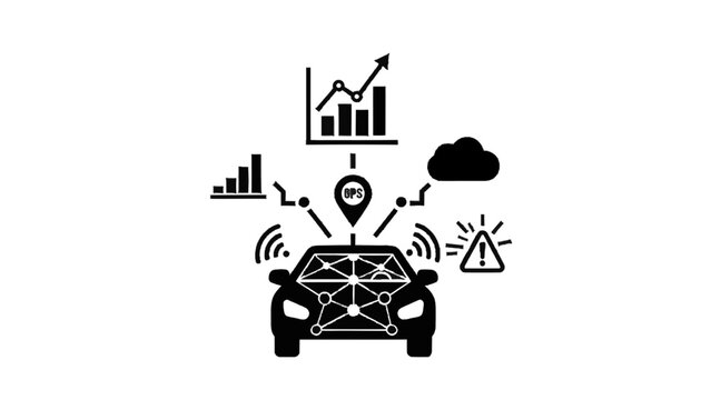 Vector illustration of connected car concept with data analysis, gps tracking, cloud service, and warning system icons isolated on transparent background