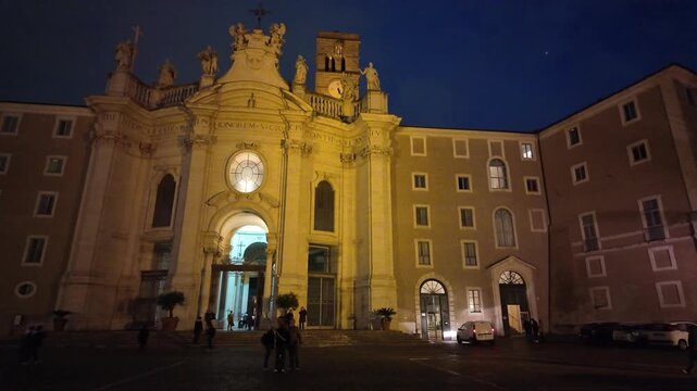The facade of the Basilica di Santa Croce in Gerusalemme in Rome, Italy