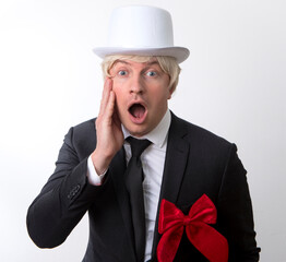 Mens day. Successful boss share gift. Male. Emotion man face. Emotional. Present. Celebration