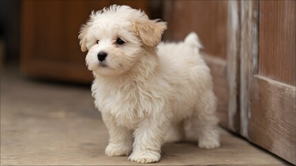 Adorable Fluffy White Puppy Standing Alertly Indoors.