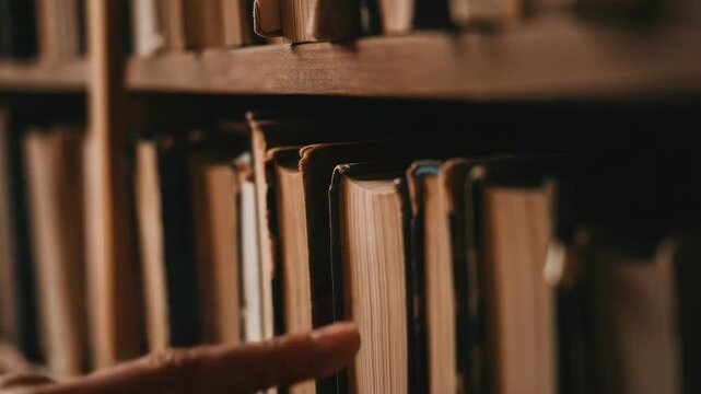Hand selecting book from library shelf