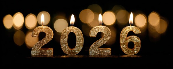 Golden 2026 candle celebration on elegant black background for new year decor