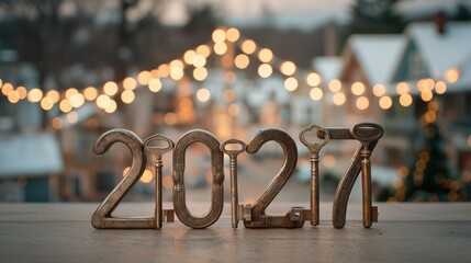 Decorative keys form the numbers 2027, illuminated by warm lights in a snowy winter setting during twilight