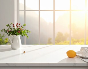 Warm counter atmosphere with dreamy backdrop white