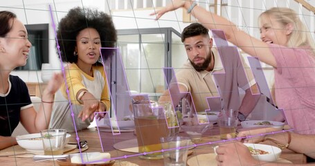 Five people sitting at wood table, food talk sparking motion lines showing hands sharing salad