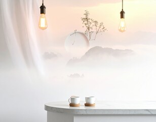 Warm counter atmosphere with dreamy backdrop white