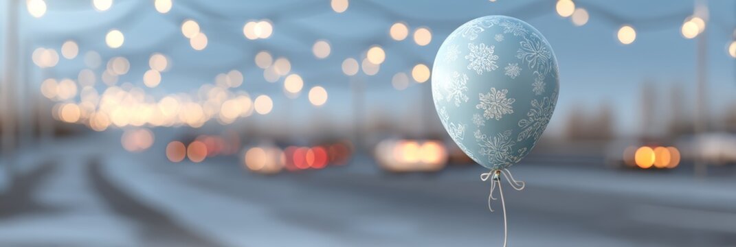 A blue snowflake-patterned balloon floats in a snowy landscape. Soft lights illuminate the background, creating a festive atmosphere for Christmas.