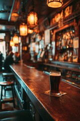 Cozy Irish pub interior with wooden bar, amber light, rows of whisky bottles, and a pint of dark stout on the counter, people chatting behind.