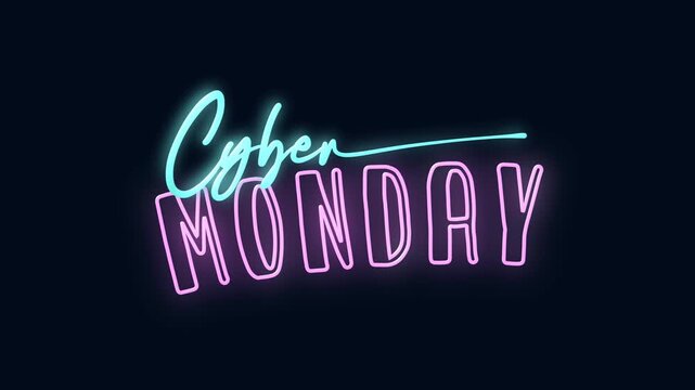 Neon sign for cyber monday sale, with glowing cyan and pink hues, perfect for online shopping promotions and marketing. - Powered by Adobe