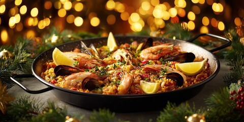 Festive seafood paella served in a wide pan with lemon wedges glows under garland light in a cozy holiday setting.