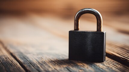 Naklejka premium Black Padlock on Rustic Wooden Table Security and Protection Concept.