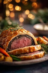 Obraz premium Sliced beef wellington with golden puff pastry crust is served with herbs and roasted vegetables under festive holiday lights. A rich and elegant Christmas dish.