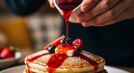 Artisan pancake stack drizzled with ruby red berry reduction sauce delicacy