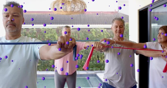 Group following front man raising band, extending arms for fitness purple dots covering group