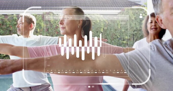 Four adults syncing lateral arm-stretch on covered patio beside pool, HUD cues guiding workout