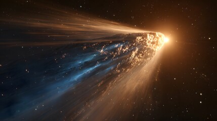 A solitary celestial comet streaks through the cosmos, blazing brilliantly against the dark expanse of space. A cosmic wanderer on a long journey.