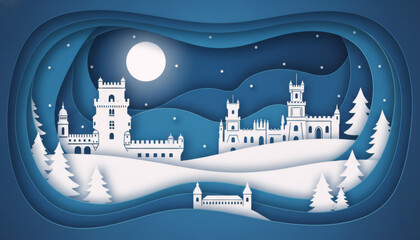 Fairytale night in Portugal: medieval fortress and lake in paper cut technique