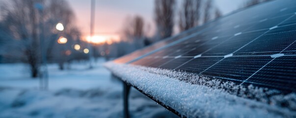 Winter renewable energy challenge: snow-covered photovoltaic solar panel close up