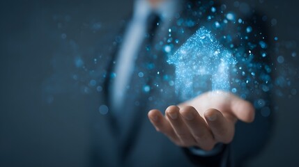 Businessman holding a glowing digital house in his hand, representing smart home technology and real estate innovation.