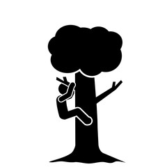 Stick figure climbing a tall tree in nature.